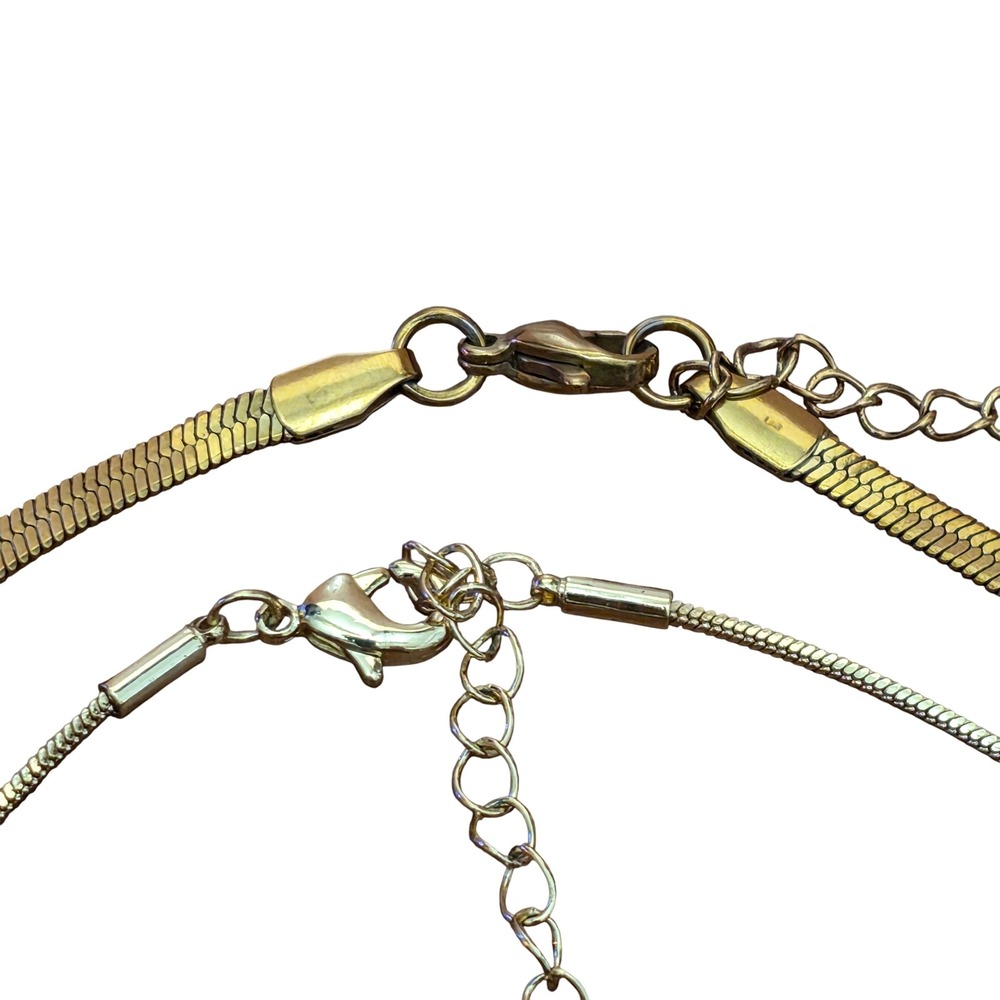 Gold Tone Layered Herringbone and Snake Chain Necklace Set with Stone Charm - Picture 5 of 5